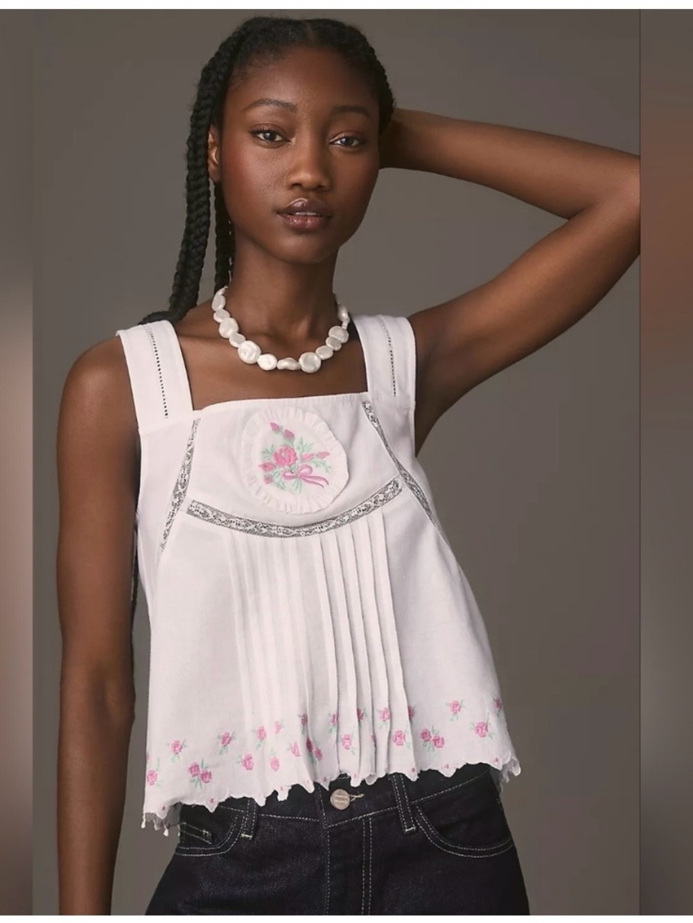 Damson Madder - Like New - White Floral Embroidered Square-Neck Tank Top - Picture 3 of 5